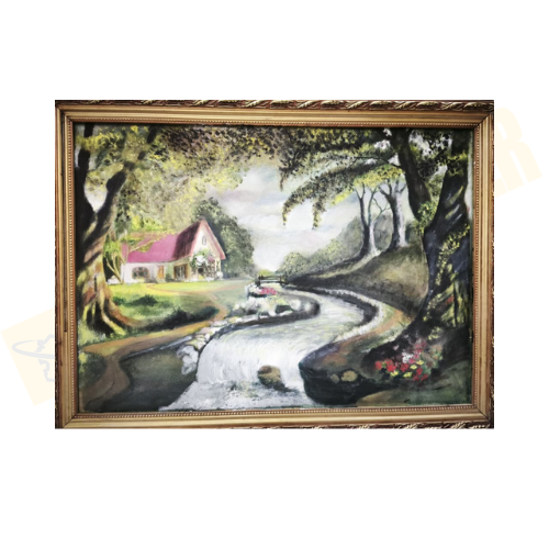 لوحة فنية – نهر مع كوخ و الأشجار